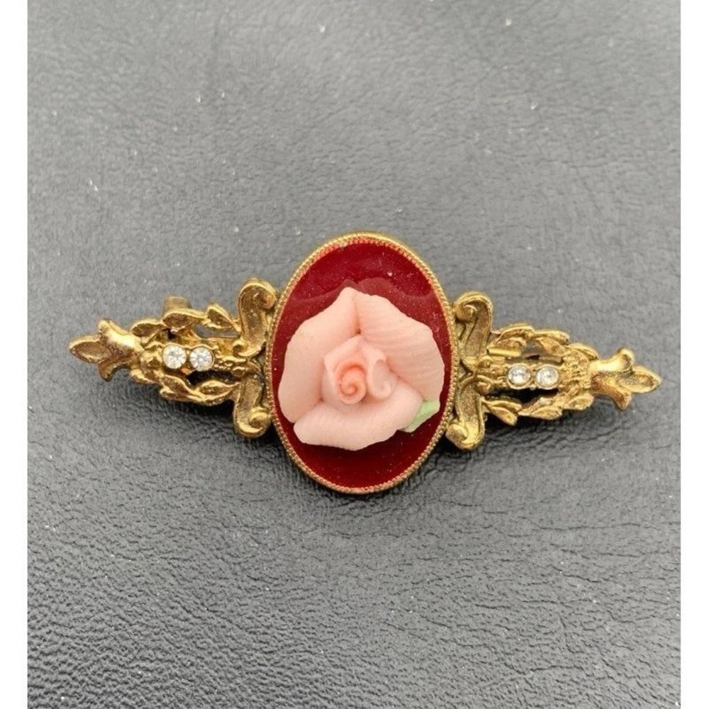 Vintage 1928 Brand Gold Tone Brooch Pink Porcelain Rose Rhinestones
